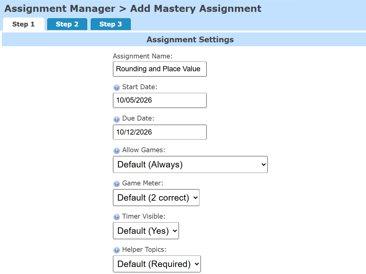 Learning Farm assignment settings: dates, games, game meter, timer, and helper topics