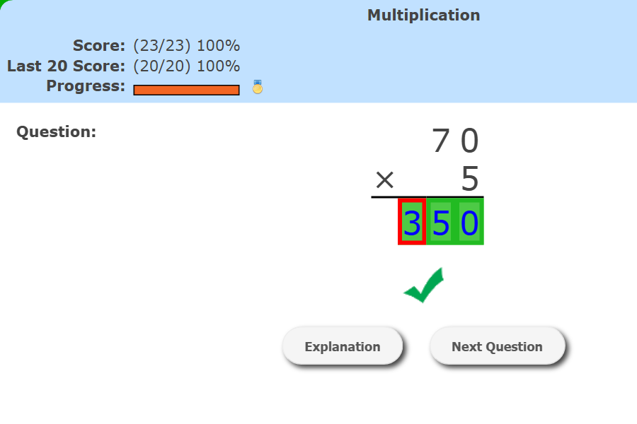 Learning Farm multiplication question, 70 times 5, answered correctly, with a score of 100 percent